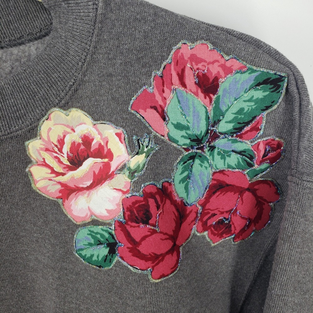 Vintage 90s Hanes Floral Rose Sweatshirt Womens Large Gray Glitter Crew Neck USA - Picture 9 of 9